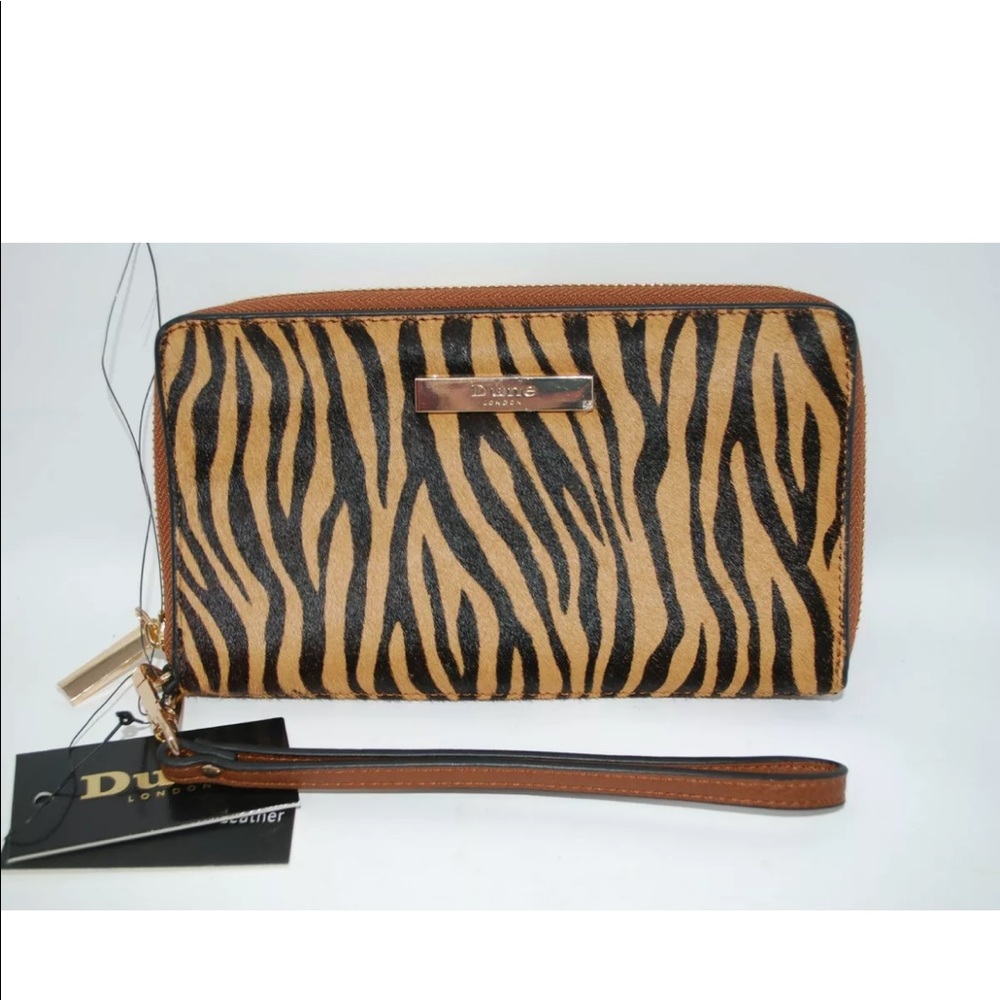 New Dune London Calf Hair Tiger Stripe Wristlet Wallet Zip Around